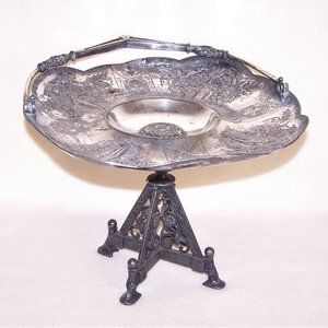 Antique Victorian Silverplate Cake Basket with Handle - Grecian Lady Design